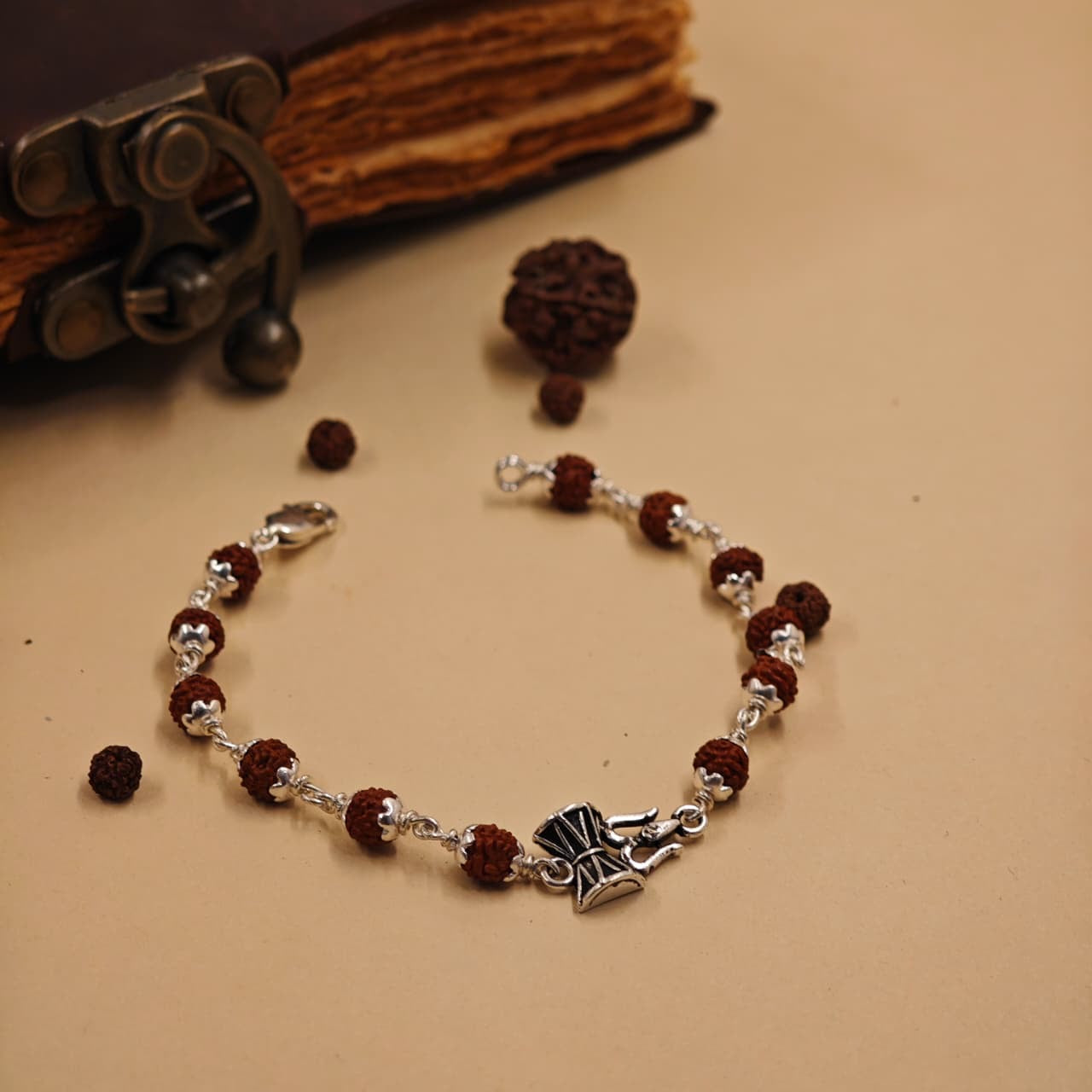 Sterling Silver Trishul Rudraksha Bracelet 